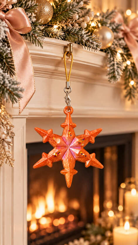 Orange glitter epoxy resin snowflake Christmas ornament hanging from a festive mantel beside Christmas greenery, lights and candles.