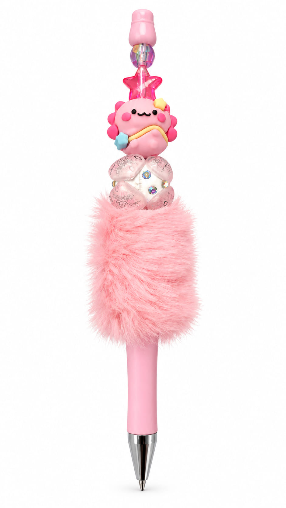 Pink fluffy handmade beaded pen with cute character focal bead, translucent star and decorative sparkling pink beads on white.