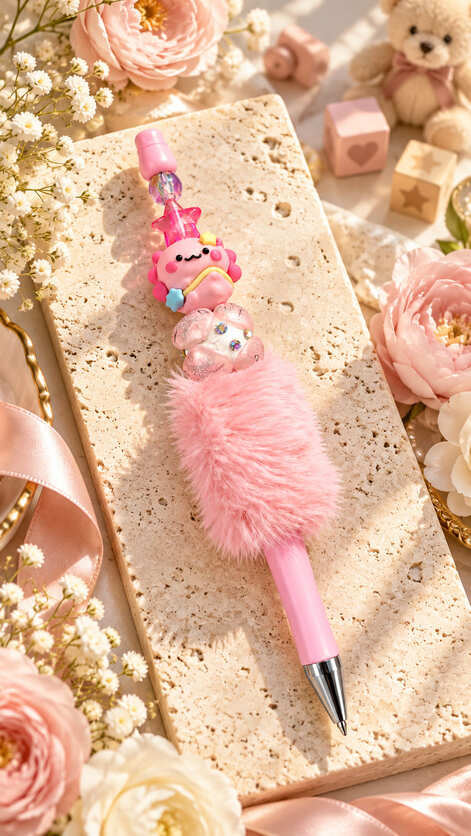 Handmade pink fluffy beaded pen with cute character, star and sparkling pink beads styled with flowers and pastel desk accessories.