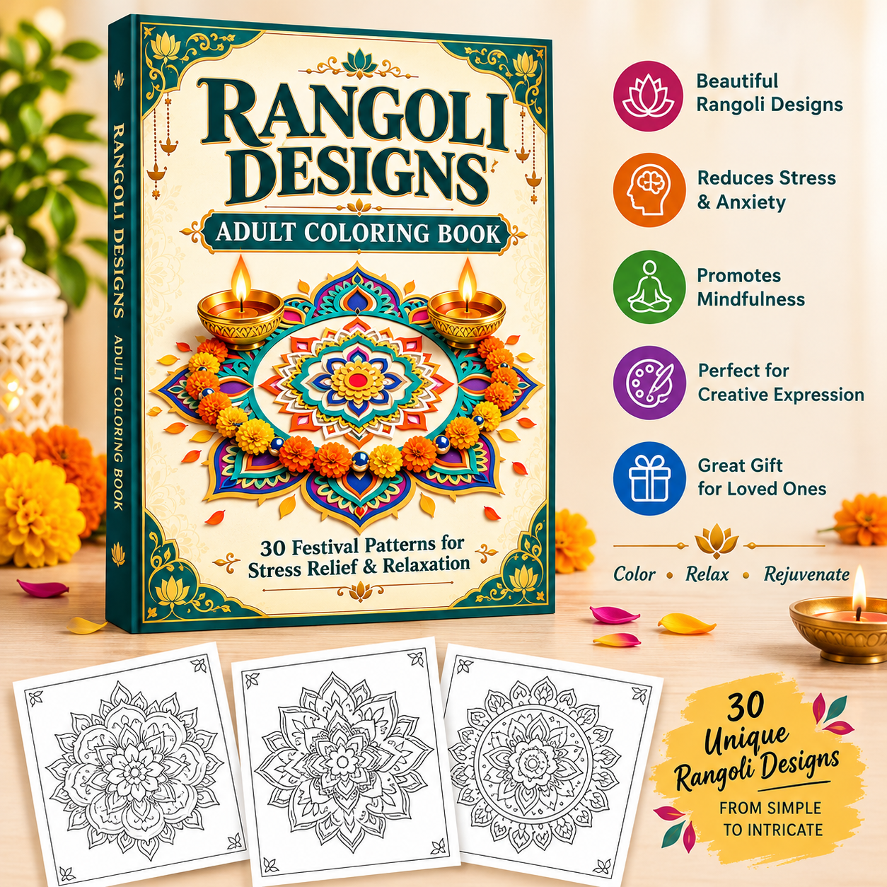 #RangoliDesigns #RangoliArt #AdultColoringBook #ColoringBookPDF #IndianArt #DiwaliDecor #DiwaliArt #MandalaColoring #FloralMandala #IndianFestival #PrintableColoringPages #CreativeHobbies #MindfulColoring #HomeDecorIdeas #FestivalDecor #DigitalDownload #ArtLovers #CreativeGift #Payhip #IndianCulture