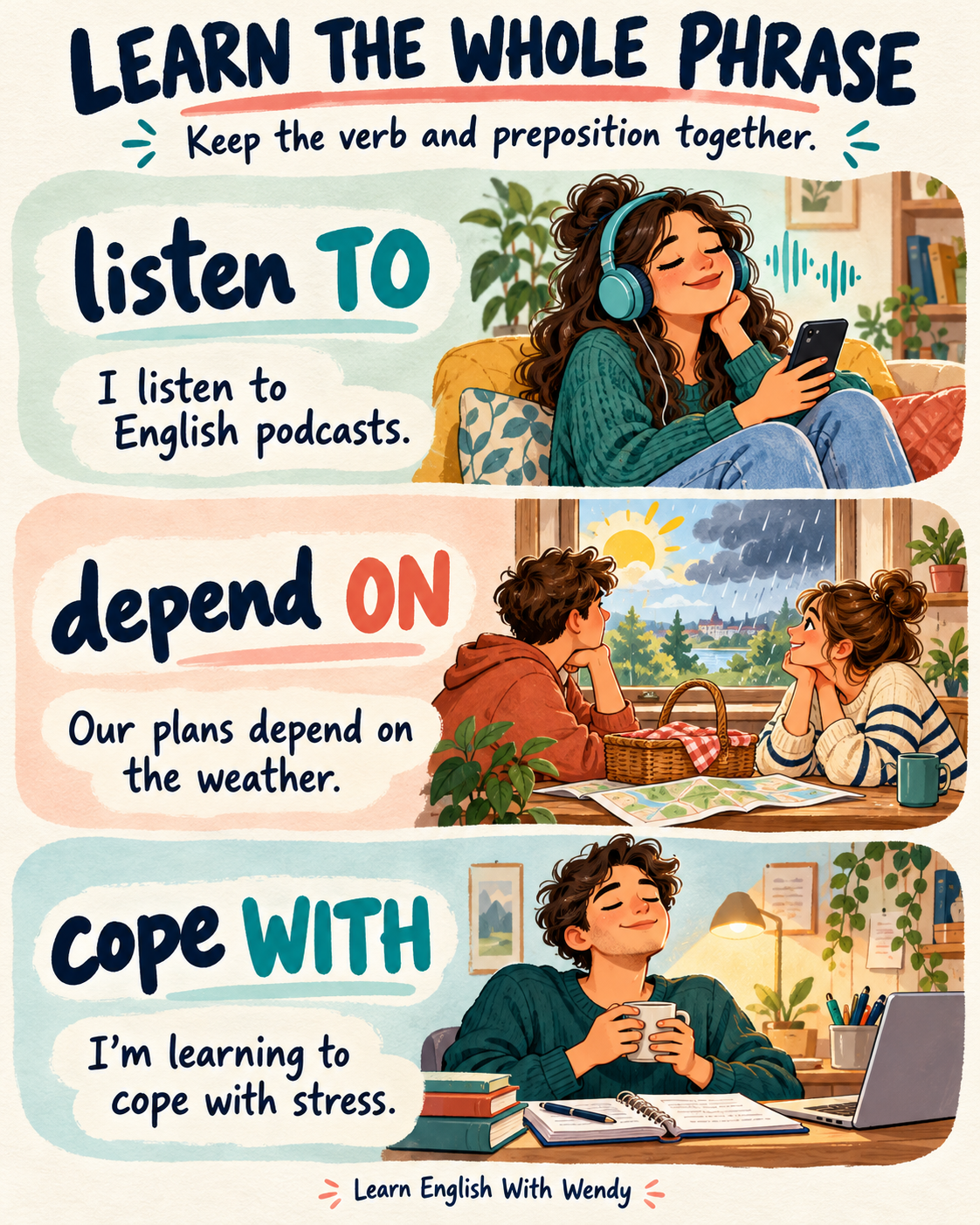 Three illustrated examples teach “listen to” with English podcasts, “depend on” with weather-dependent plans, and “cope with” with managing stress.