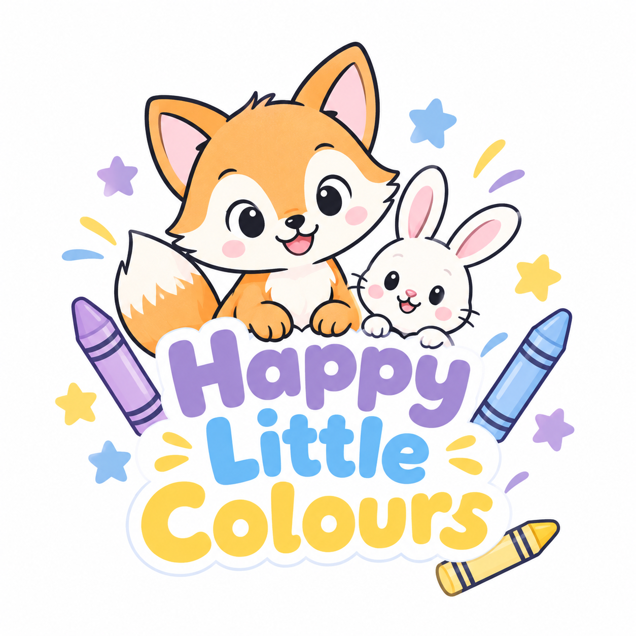 A cute and colourful logo featuring an adorable fox and bunny surrounded by pastel crayons, stars, and playful decorations. With soft lavender, sky blue, and sunshine yellow colours, it creates a fun, friendly, and welcoming brand for digital colouring books and creative activities for children.