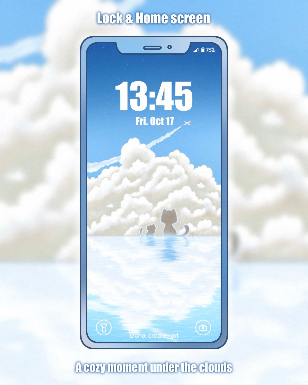 A super sweet illustration of two cute creatures admiring clouds and their reflections on the water. A calm and cute moment #wallpaperphone #cloud #cuteart #kawaiiart #sky #cutecreature