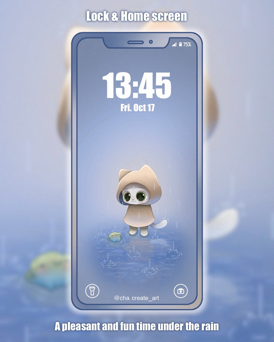 An adorable creature with his big eyes, well protected in its little frog hood, ready to brave the rain to go and have fun #rain #wallpaperphone #cuteart #kawaiiart #freewallpaper #cutecreature