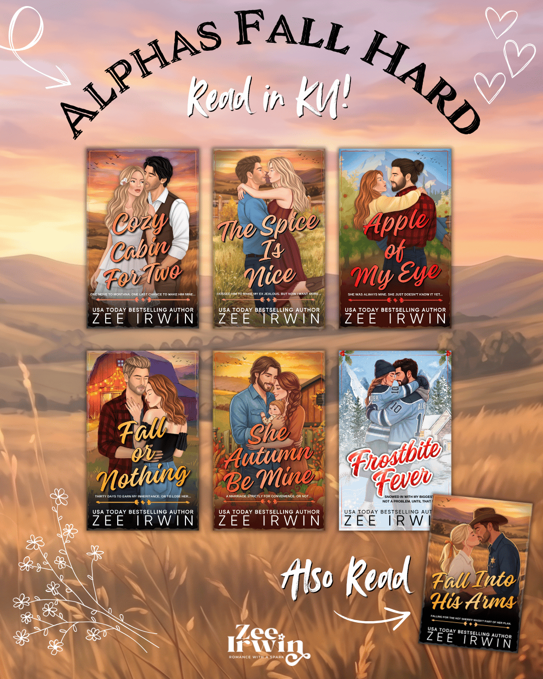 A graphic with a watercolor sunset and featuring 7 romance books, each one a part of the Alphas Fall Hard Series.