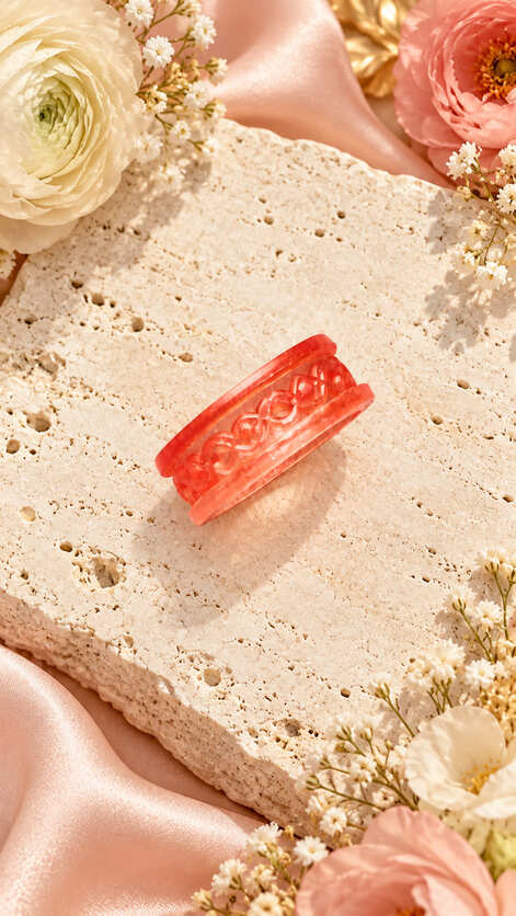 Translucent coral pink epoxy resin ring with raised Celtic-style interwoven pattern photographed with flowers.