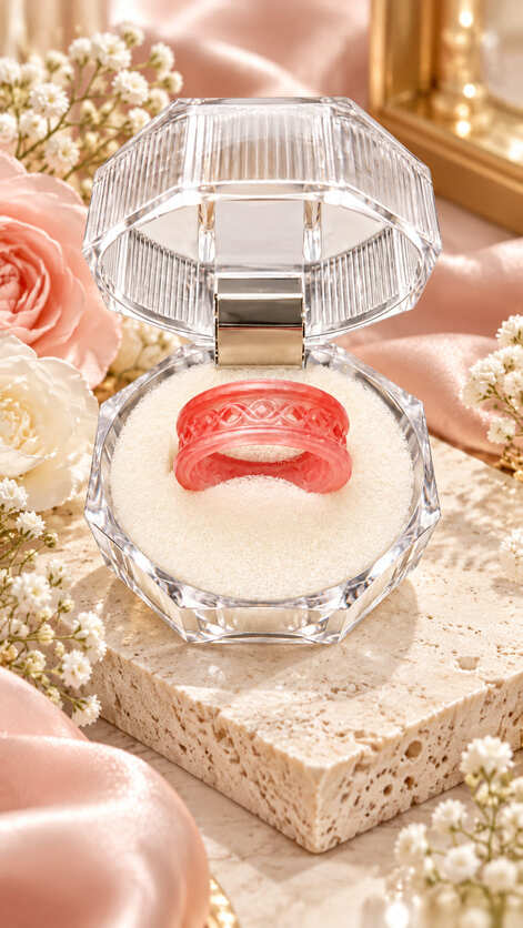 Handmade coral pink resin ring displayed in a clear jewellery gift box surrounded by pink flowers and satin.
