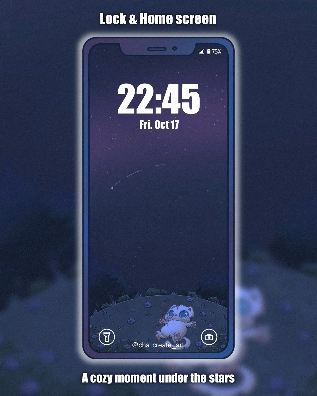 A cute and chubby creature lies on its back in a field of flowers, gazing up at a sky full of pretty stars #wallpaperphone #cuteart #kawaiiart #night #stars #cutecreature