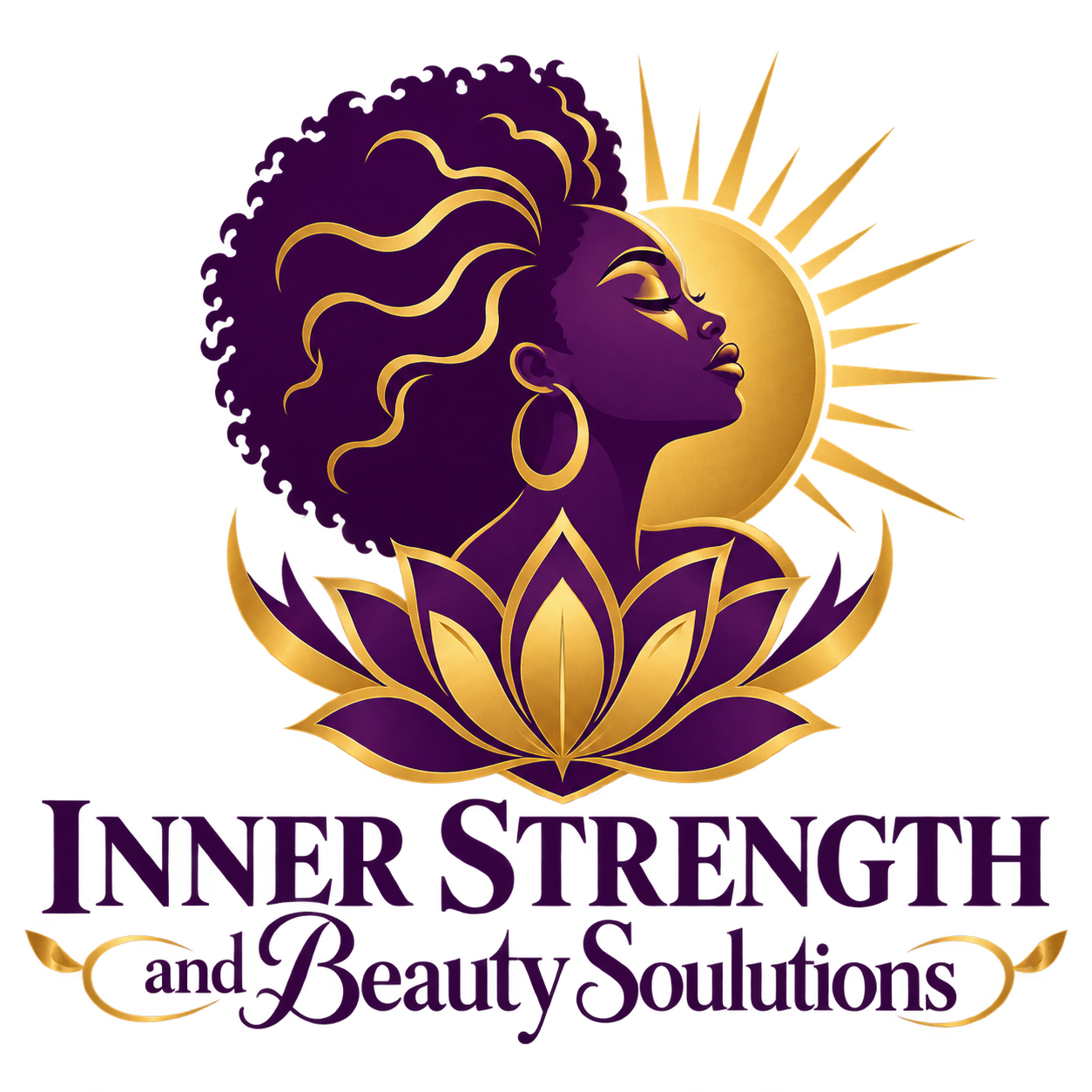 Inner Strength and Beauty Soulutions logo in purple and gold, featuring a Black woman with natural hair, a rising sun, and a lotus flower.