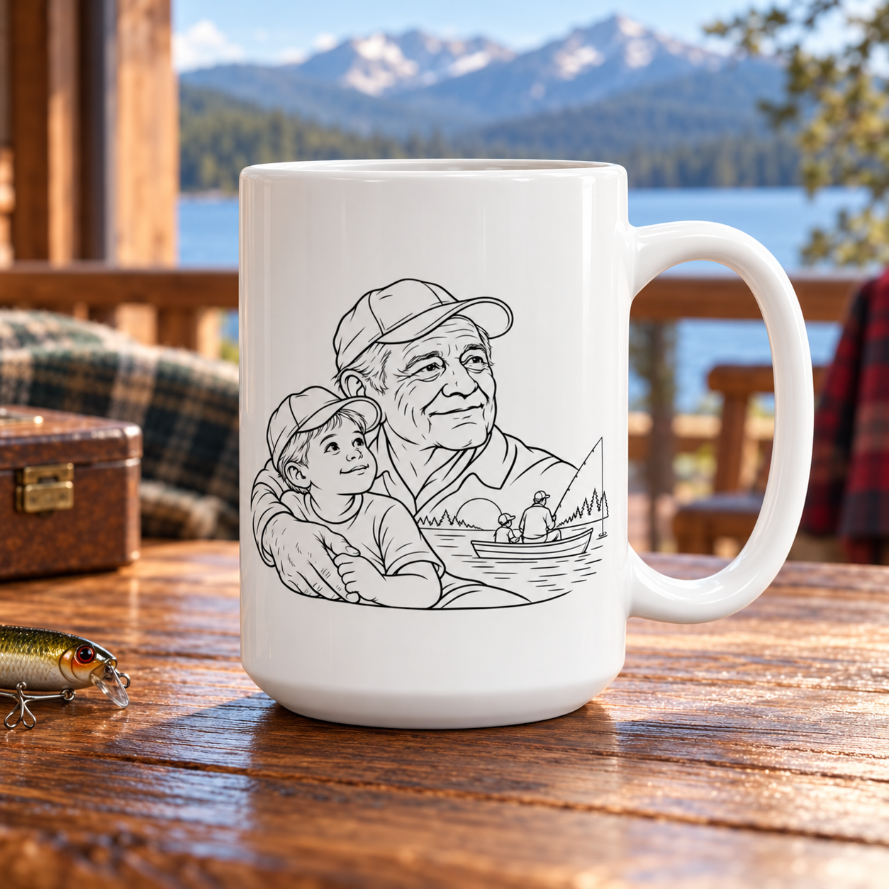 White 15 oz ceramic mug with black line art of a grandfather and young boy, on a wooden table overlooking a lake and mountains.