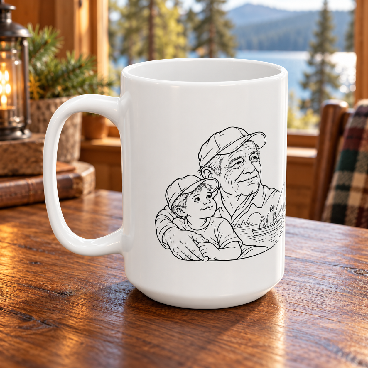 Opposite-side view of the white ceramic mug showing grandfather and young boy line artwork, with the handle on the left.