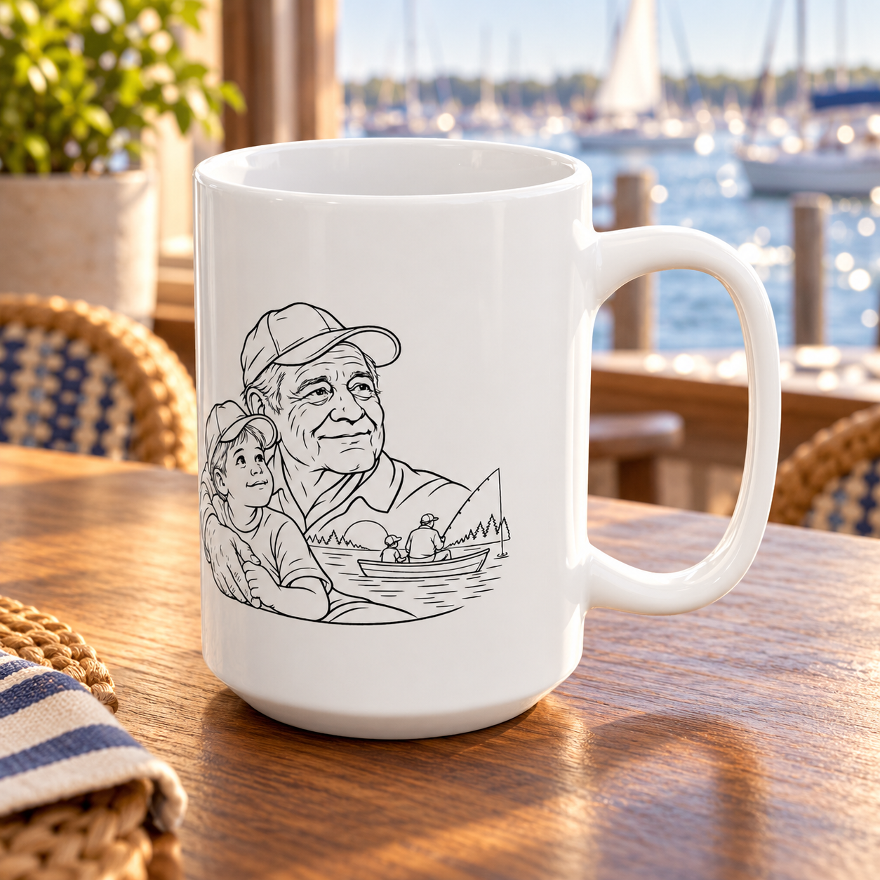 White ceramic mug with grandfather and young boy line artwork, displayed on an outdoor patio table.