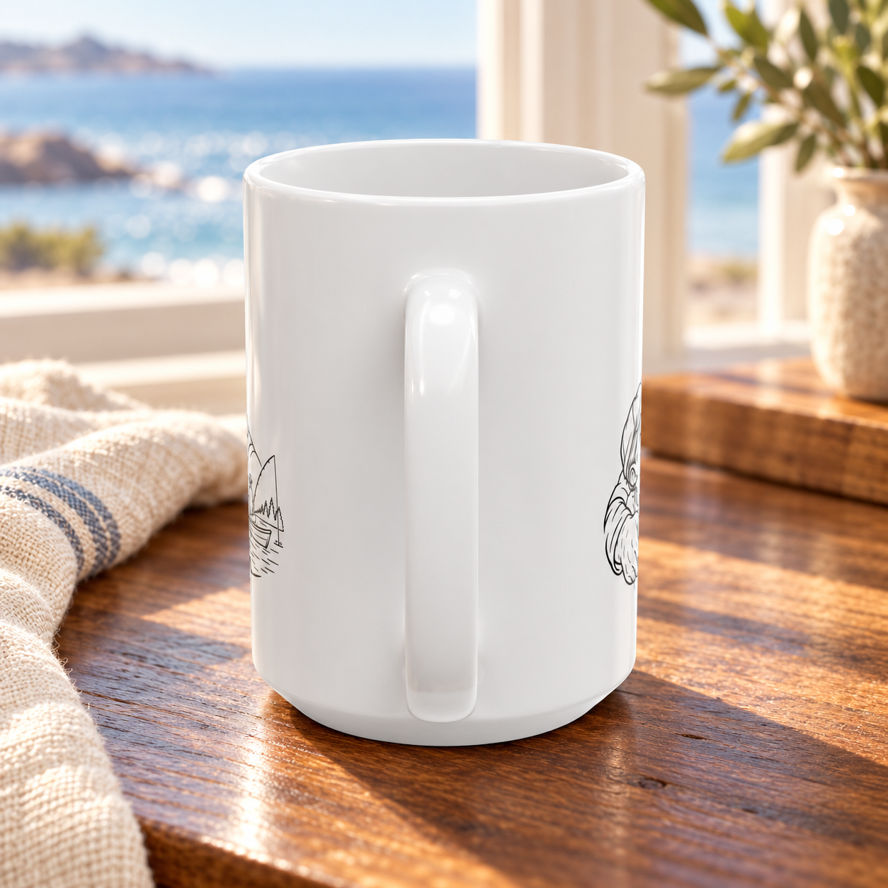 Handle-side view of the white ceramic mug on a sunlit wooden table beside a window.