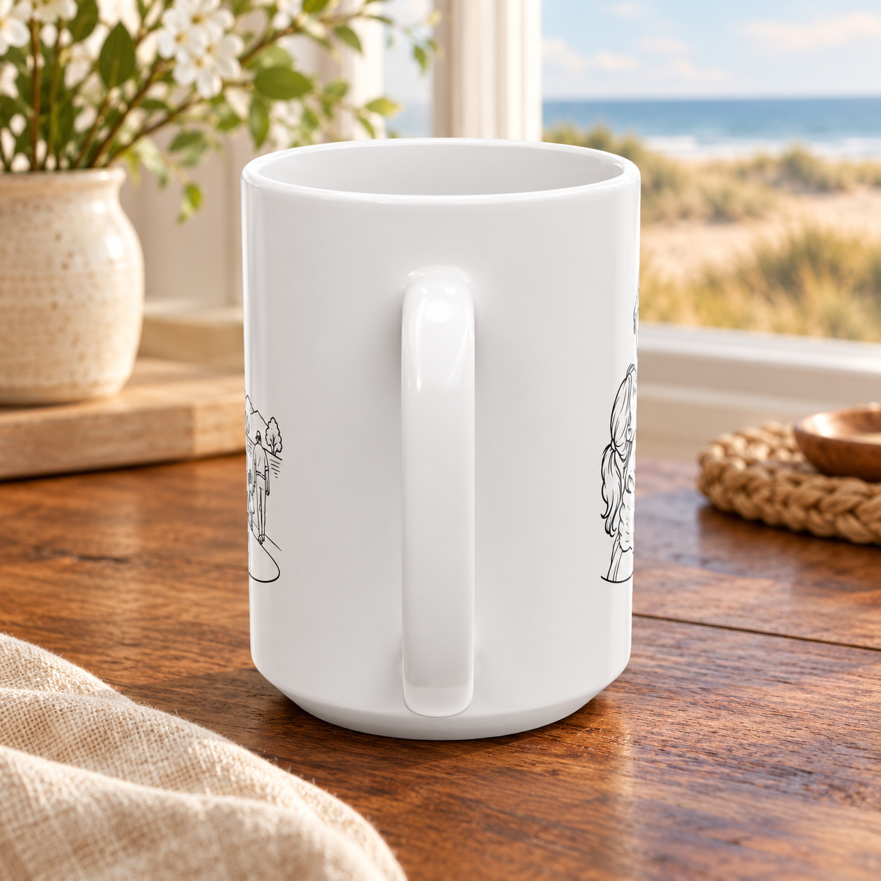 Handle-side view of the white ceramic mug on a wooden table beside a window.