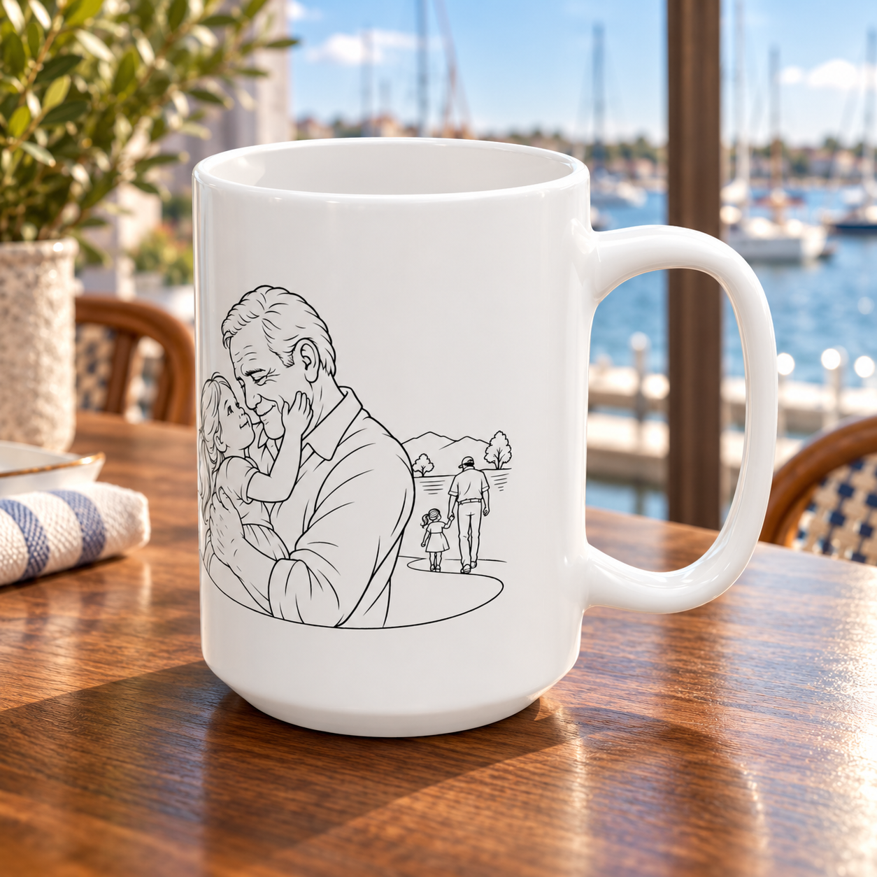 White ceramic mug with grandfather and young girl line artwork, displayed on a wooden table overlooking a marina.