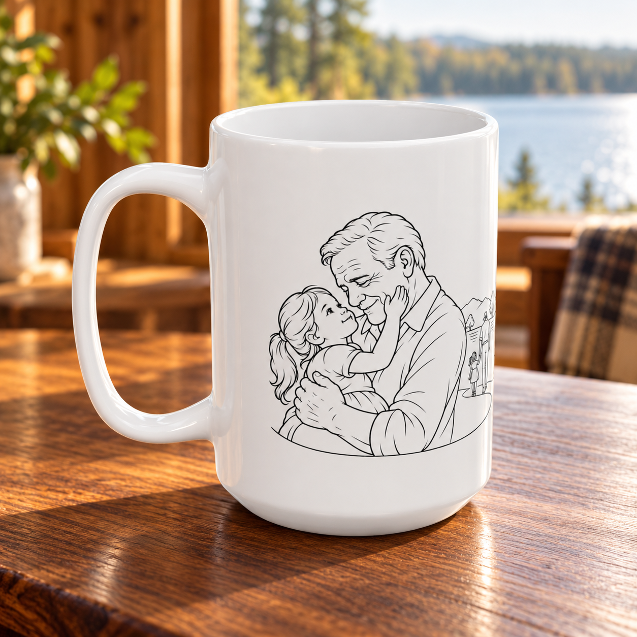 White ceramic mug showing grandfather and young girl line artwork, with the handle on the left and a lake beyond the window.