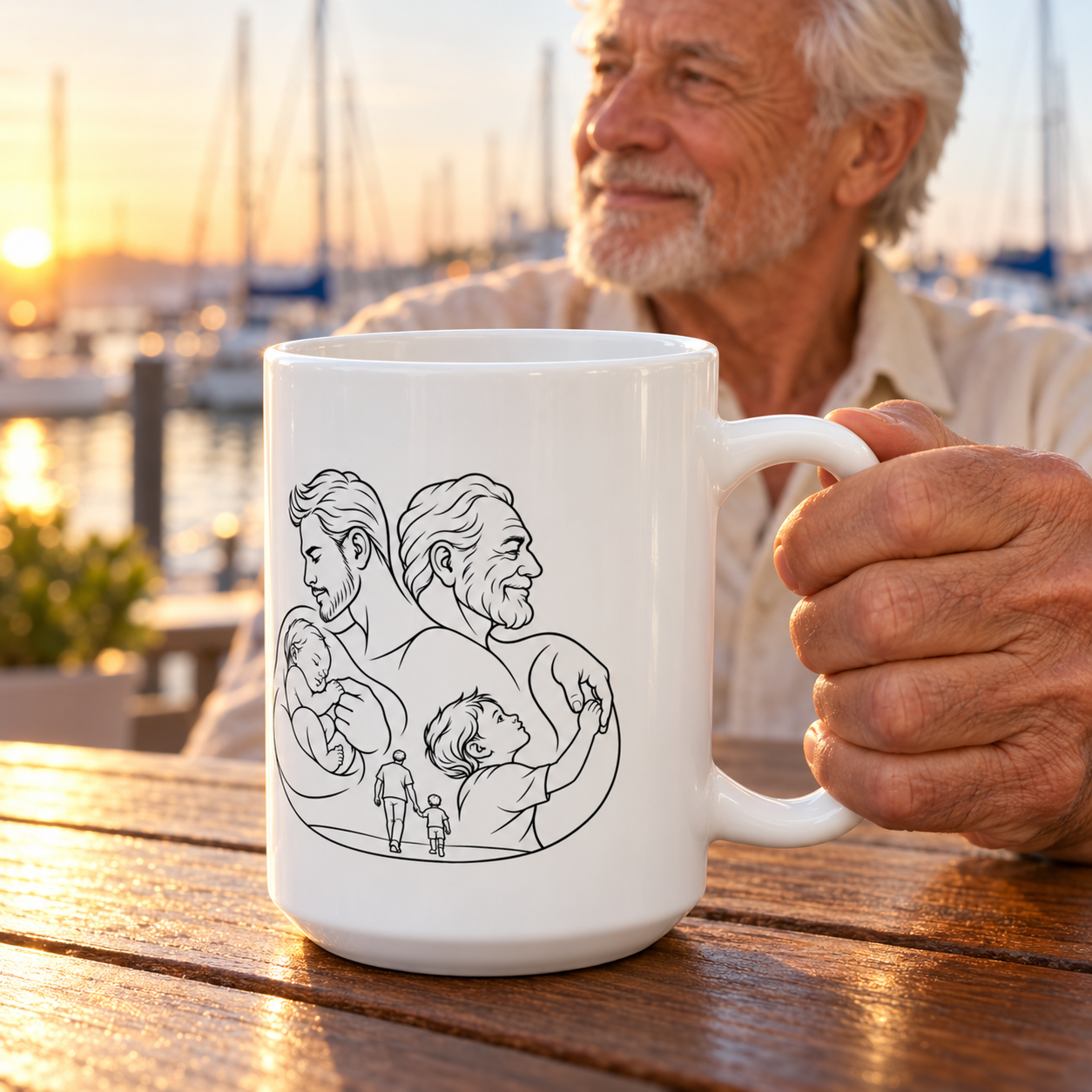 White 15 oz ceramic mug with black fatherhood line artwork, held by an older man at a marina at sunset.
