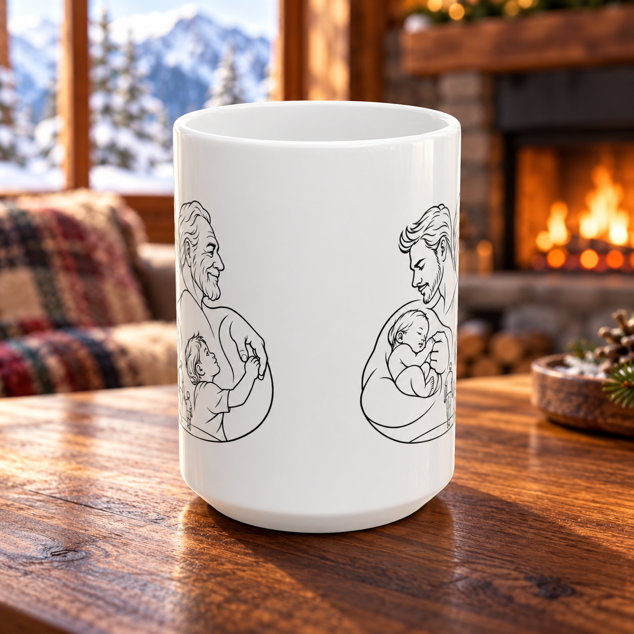 White ceramic mug showing fatherhood line artwork on both sides, displayed on a wooden table near a fireplace.
