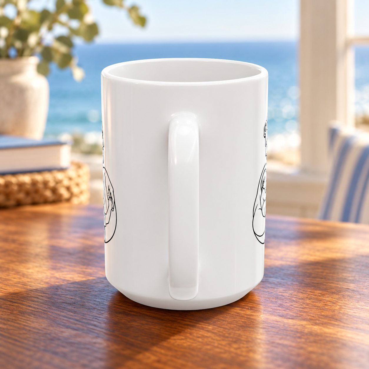 Handle-side view of the white ceramic mug on a sunlit wooden table beside a window.