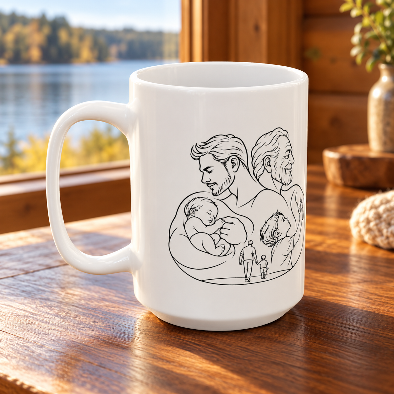 White ceramic mug with fatherhood line artwork and its handle on the left, on a wooden table overlooking a lake.
