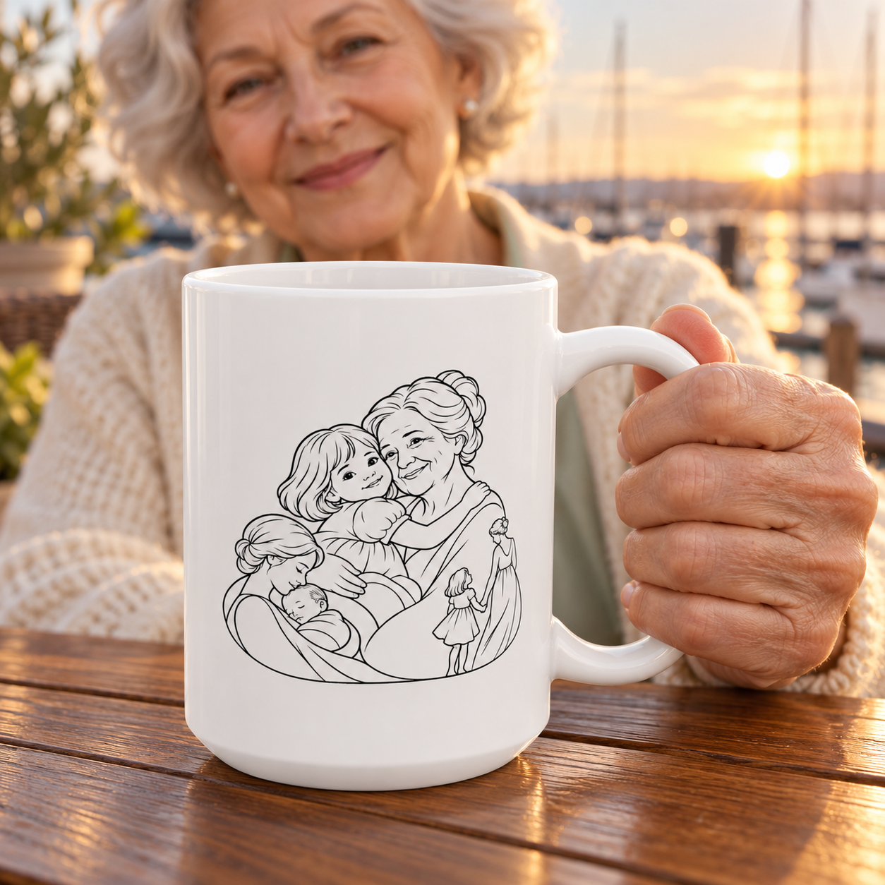 White 15 oz ceramic mug with black line art of a grandmother and young girl, held by an older woman at a wooden table at sunset.