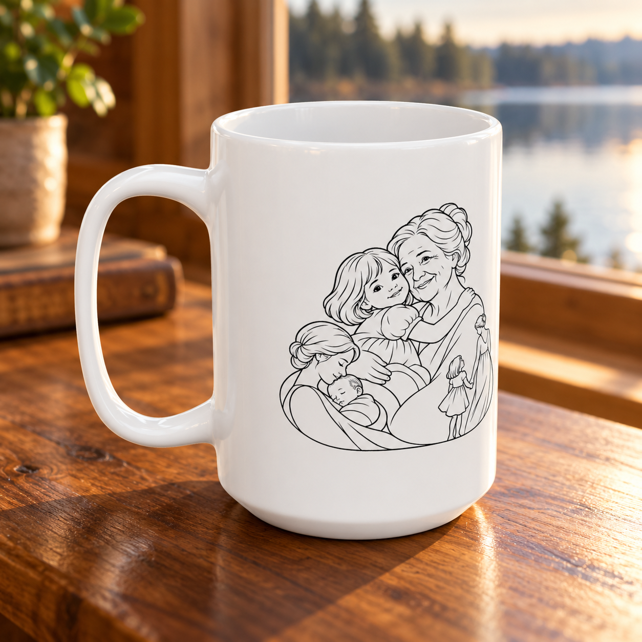 White ceramic mug with grandmother and young girl line artwork and its handle on the left, on a wooden table overlooking a lake.