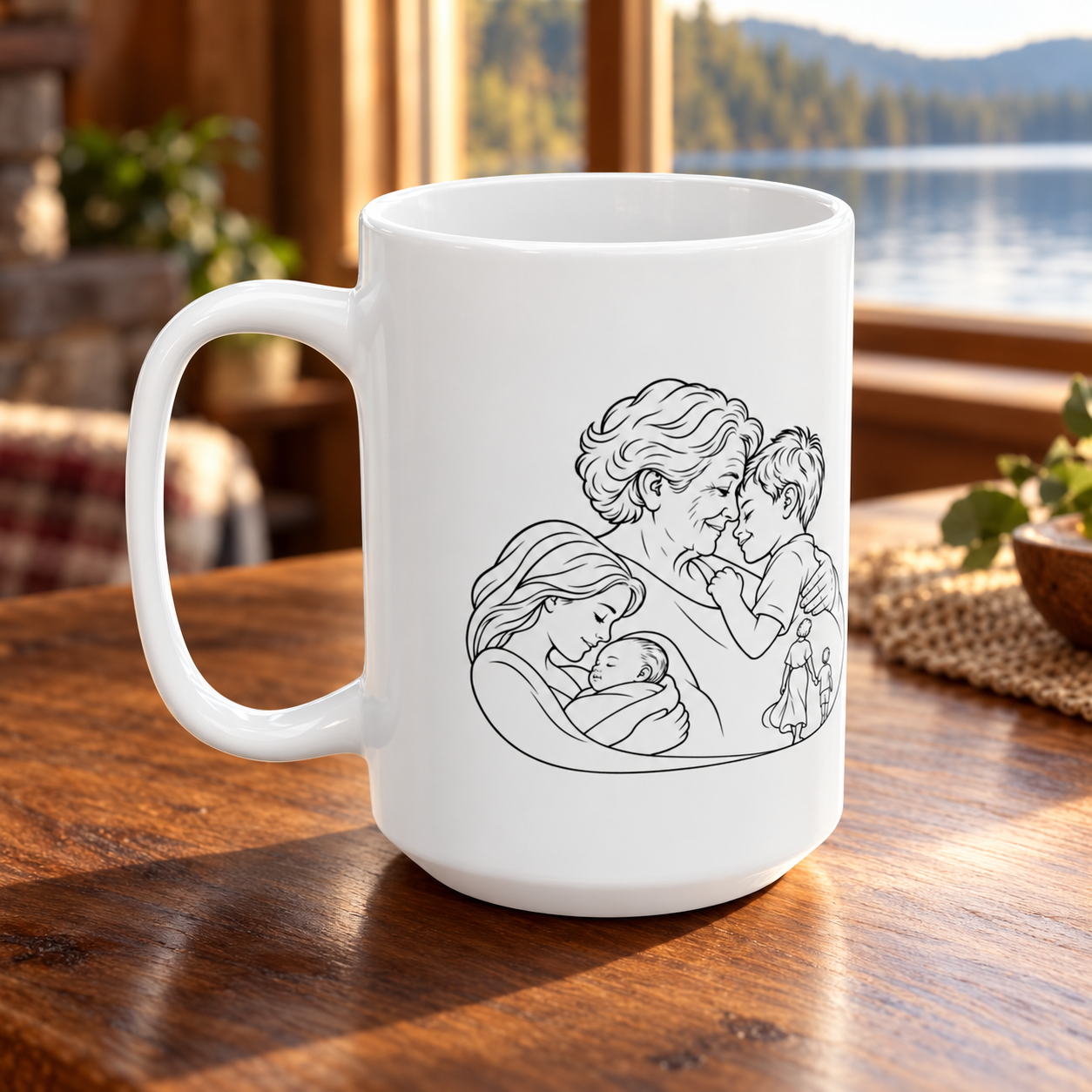 White ceramic mug with grandmother and young boy line artwork and its handle on the left, displayed beside a window overlooking a lake.