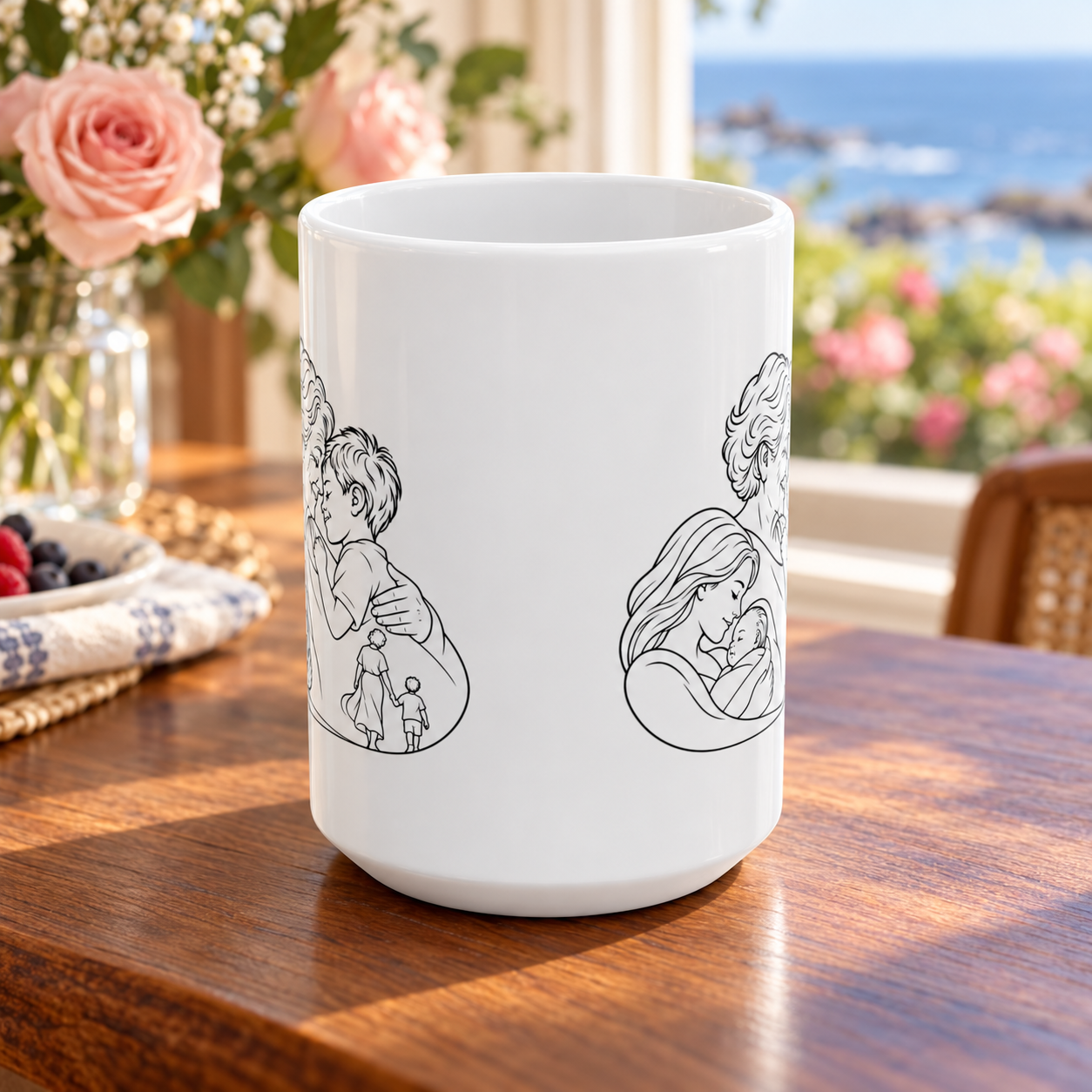 White ceramic mug showing grandmother and young boy line artwork on both sides, on a wooden table beside pink roses.