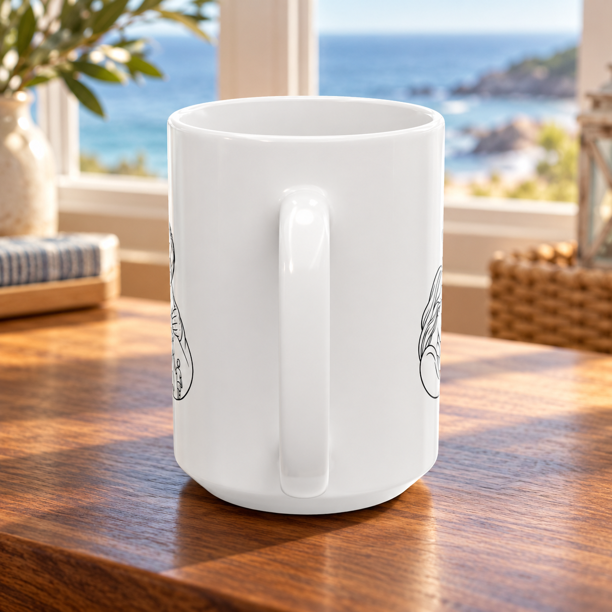 Handle-side view of the white ceramic mug on a sunlit wooden table overlooking the water.