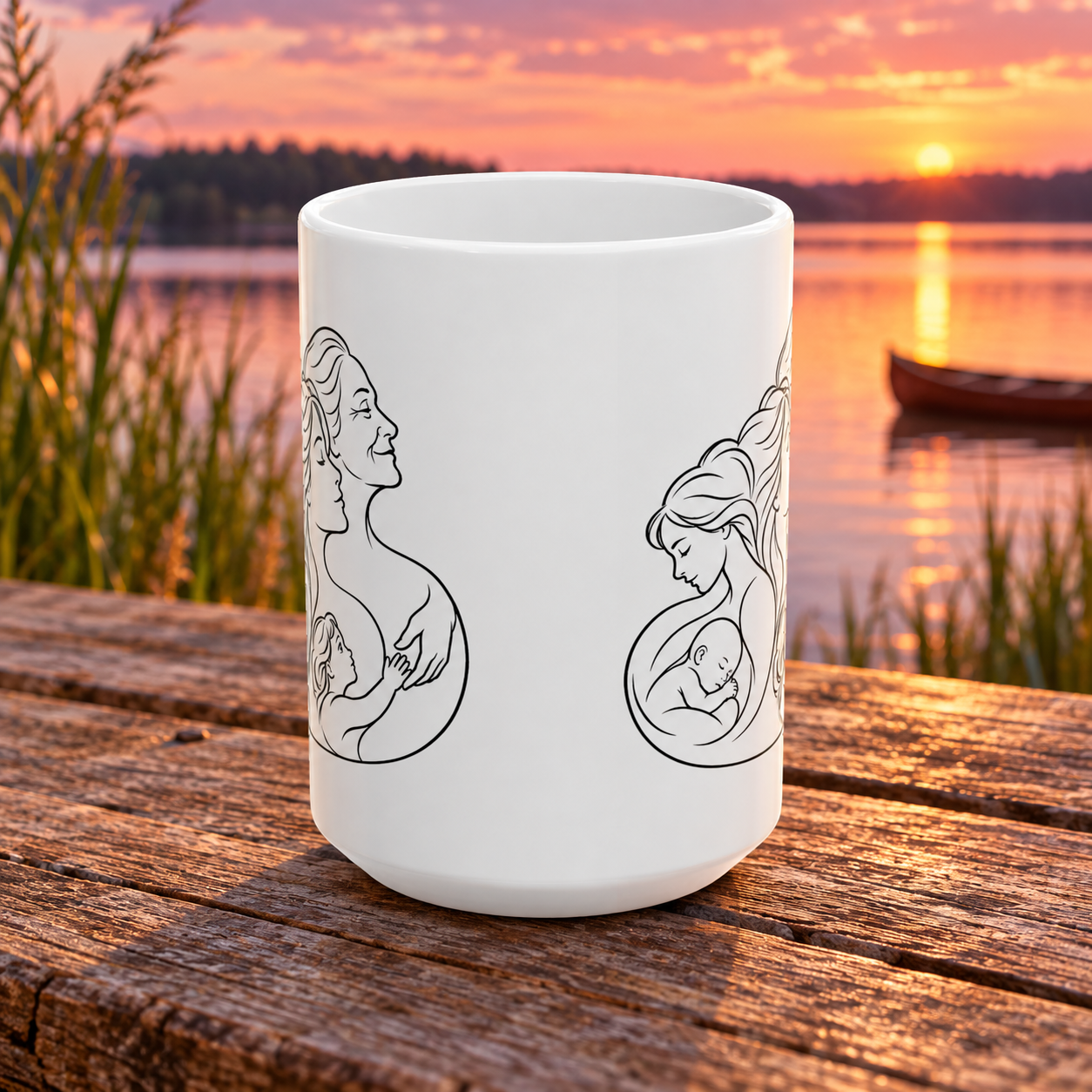 White ceramic mug showing mother and baby line artwork on both sides, displayed on a wooden table by a lake at sunset.