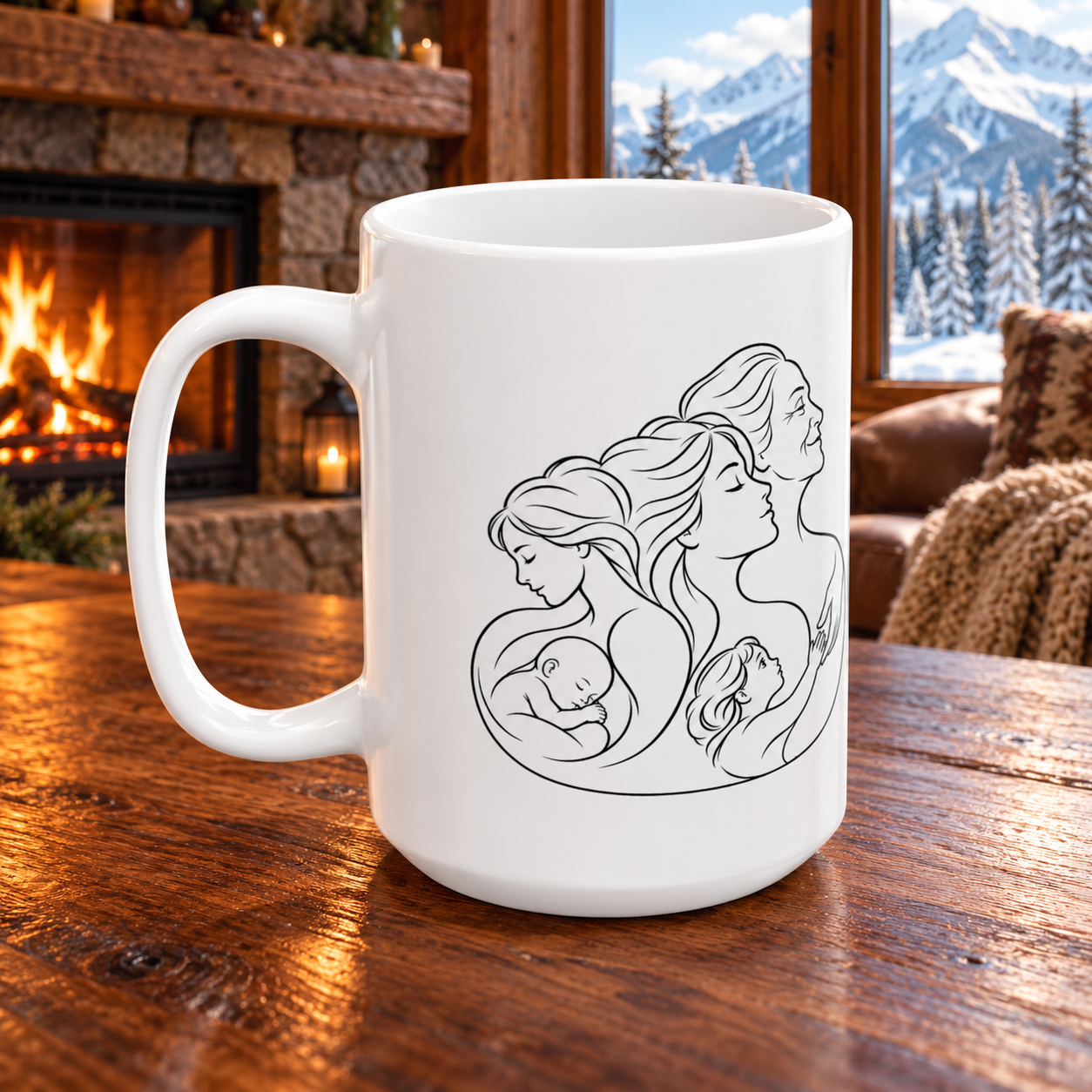 White ceramic mug with mother and baby line artwork and its handle on the left, on a wooden table near a fireplace.