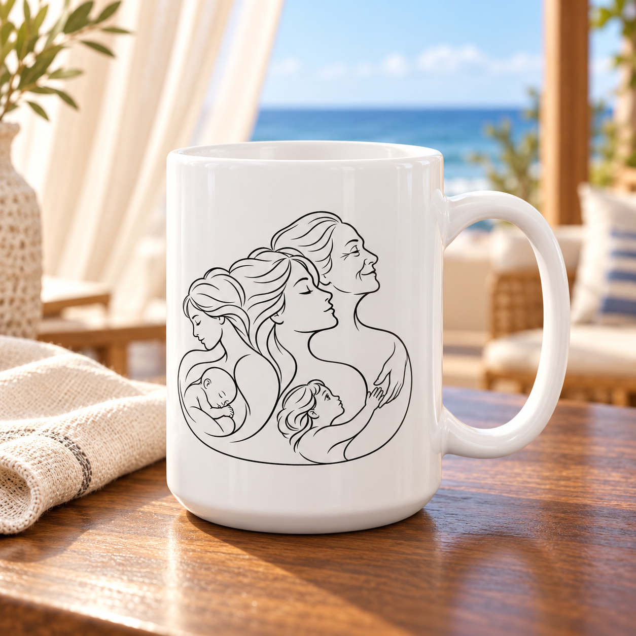 White 15 oz ceramic mug with black line art of a mother holding a baby, on a wooden table beside a sunlit window overlooking the water.