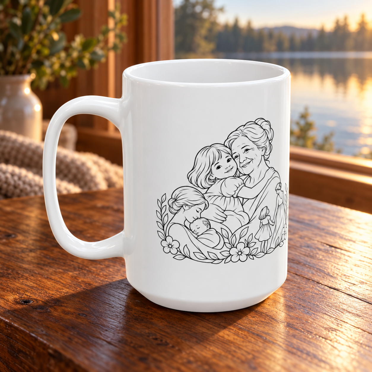 White ceramic mug with grandmother and young girl floral artwork and its handle on the left, on a wooden table overlooking a lake.