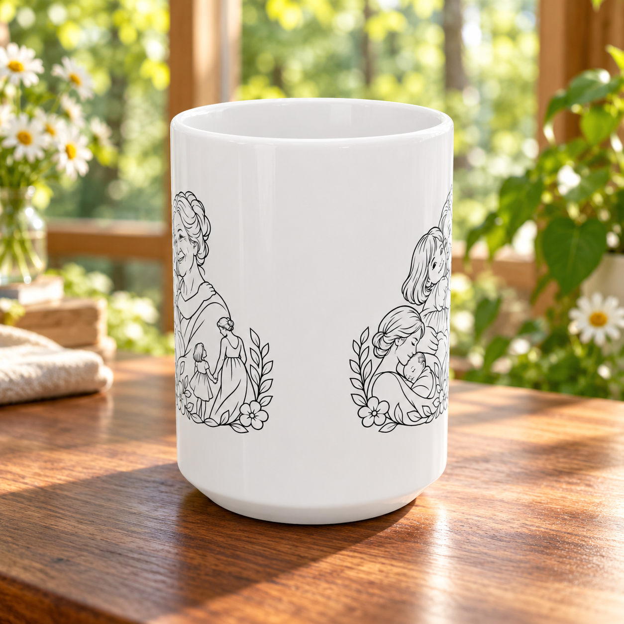 White ceramic mug showing grandmother and young girl floral artwork on both sides, on a sunlit wooden table beside greenery.