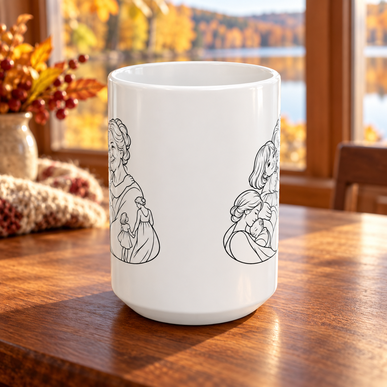 White ceramic mug showing grandmother and young girl line artwork on both sides, displayed on a sunlit wooden table beside autumn flowers.