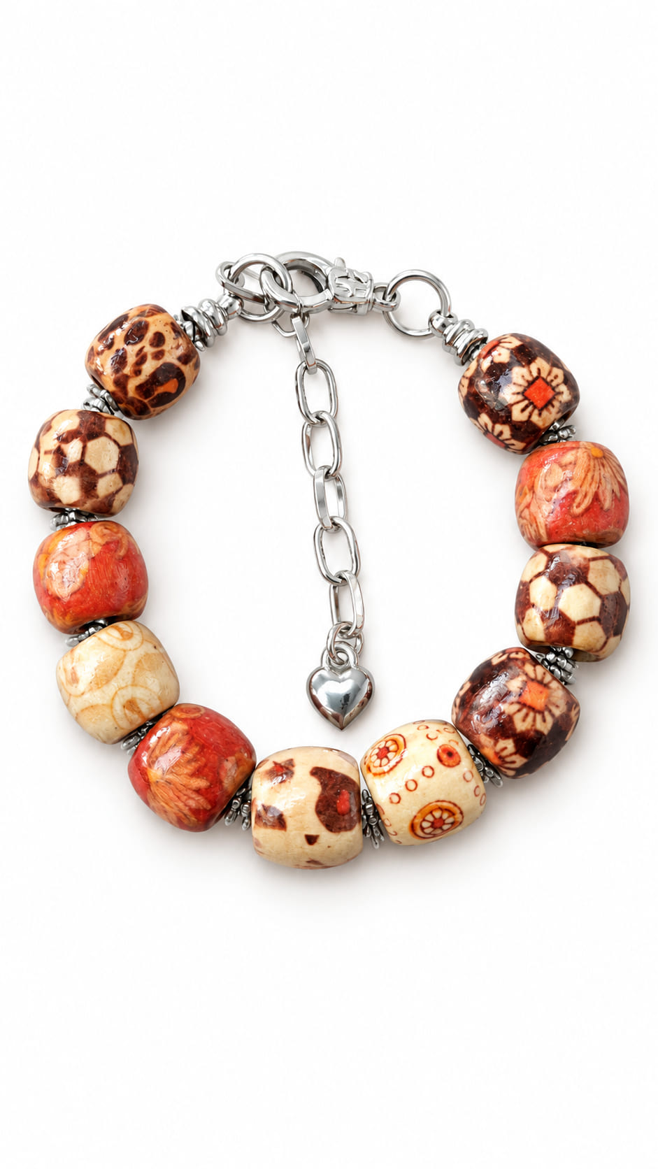 Handmade natural wood bead bracelet with chunky patterned brown, cream and orange wooden beads, silver-tone spacers, adjustable chain and heart charm.