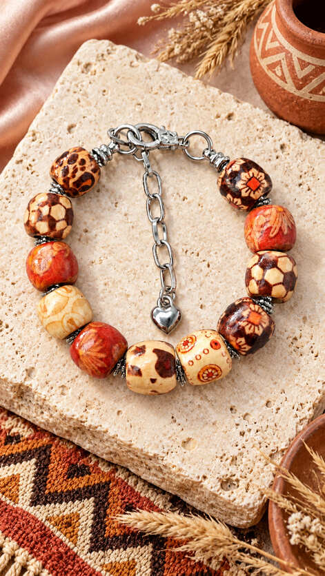 Boho natural wood bead bracelet with earthy patterned wooden beads and silver-tone heart charm displayed on a neutral stone background.