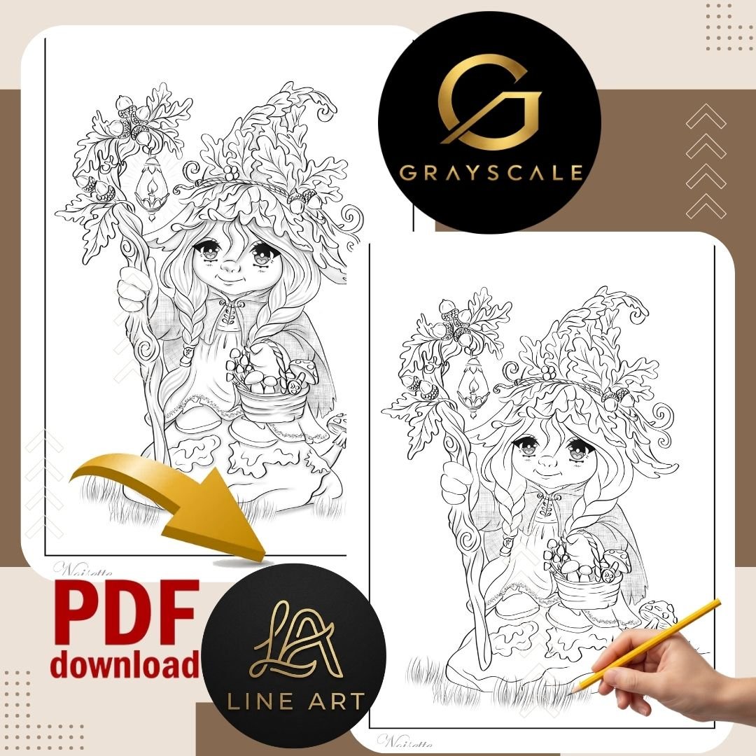 coloriage automne, fantasy coloring page, grayscale coloring page, line art coloring page, gardienne forêt, champignons magiques, coloriage adulte, coloriage féerique, automne enchanté, forêt magique, instant download, printable coloring page, Noisette.