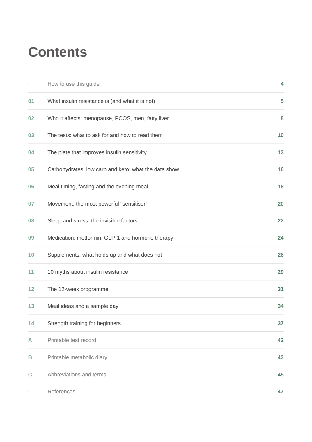 Contents of the Insulin Resistance English nutrition guide