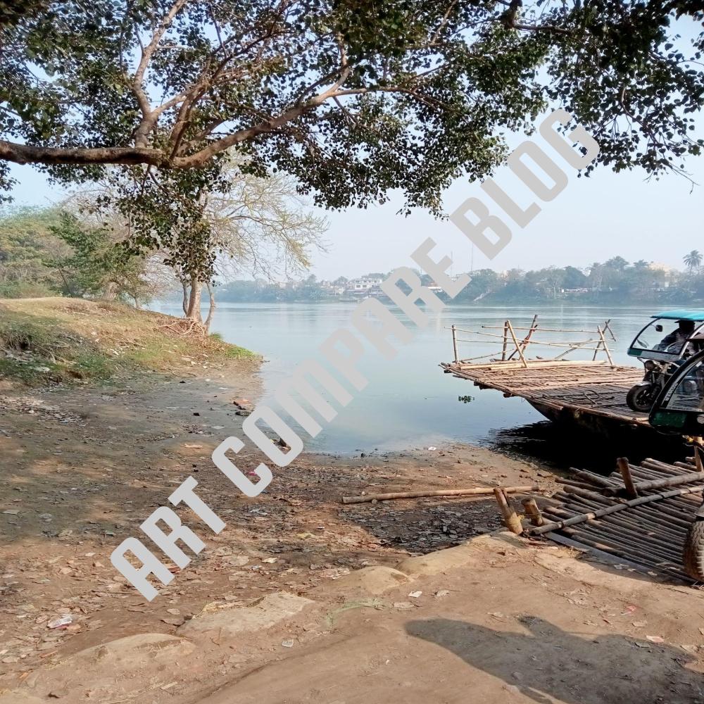 E-Rickshaw on a Bamboo Ferry Docking at the Muddy Riverbank Under the Shade of a Peepal Tree