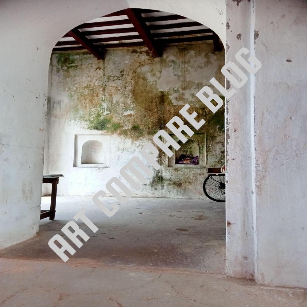 View Through a White Arched Doorway into an Abandoned Weathered Room with Peeling Moss-Stained Walls, Two Small Alcove Niches, and a Bicycle Wheel Partially Visible in the Corner