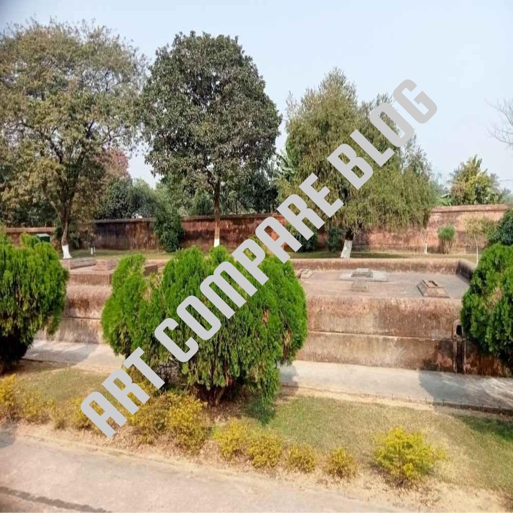 Elevated Tomb Platforms with Grave Stones Surrounded by Green Shrubs and Trees - Khushbagh Nawab Cemetery