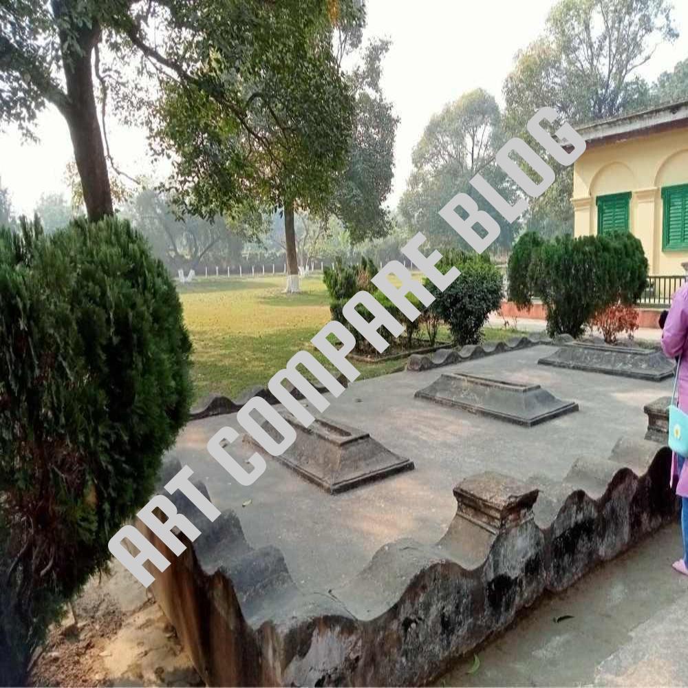 Three Historic Stone Graves on Elevated Scalloped Platform Surrounded by Manicured Garden - Khushbagh Nawab Cemetery, Murshidabad