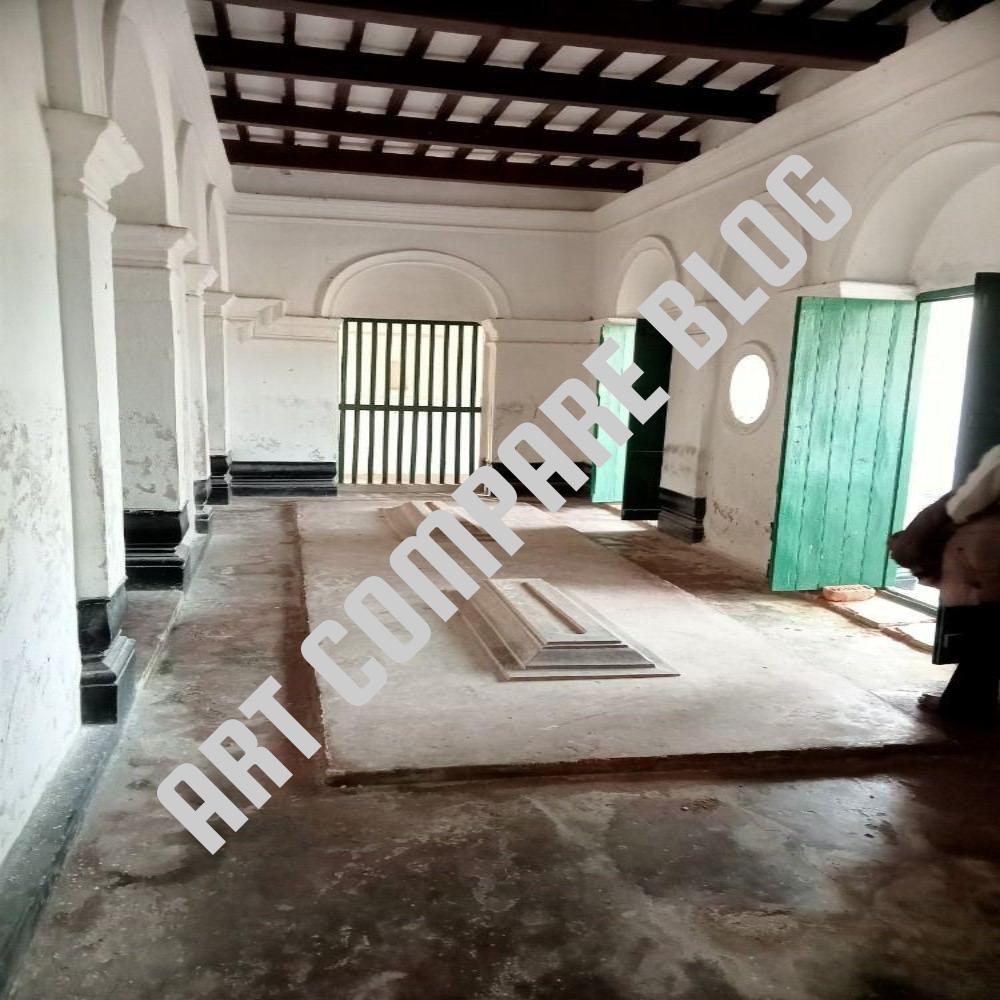 Two Ancient Stone Graves Inside Historic White Mausoleum Hall with Arched Pillars and Green Wooden Doors - Khushbagh Cemetery Tomb, Murshidabad