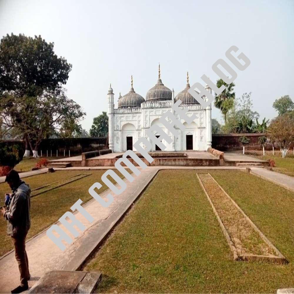 White Triple-Domed Mausoleum of Nawab Alivardi Khan with Garden Pathways - Khushbagh Tomb Complex, Murshidabad, West Bengal