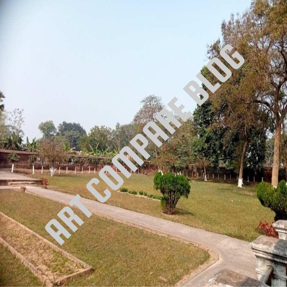 Wide Green Lawn with Concrete Pathways and Trimmed Bushes Inside Historic Khushbagh Cemetery Garden - Murshidabad, West Bengal