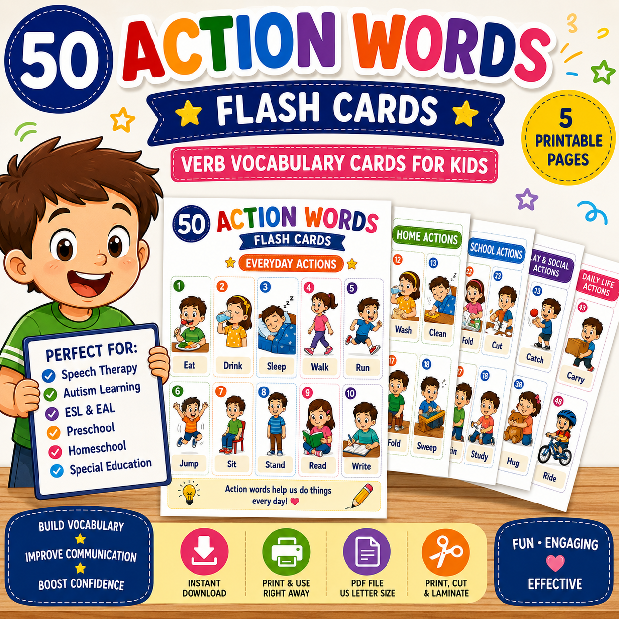 50 Action Words Picture Cards for Kids Printable PDF