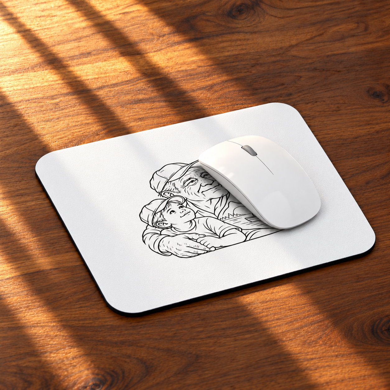 Grandfather/Boy mouse pad shown at an angle on a wooden desk with a white mouse resting on the printed artwork.