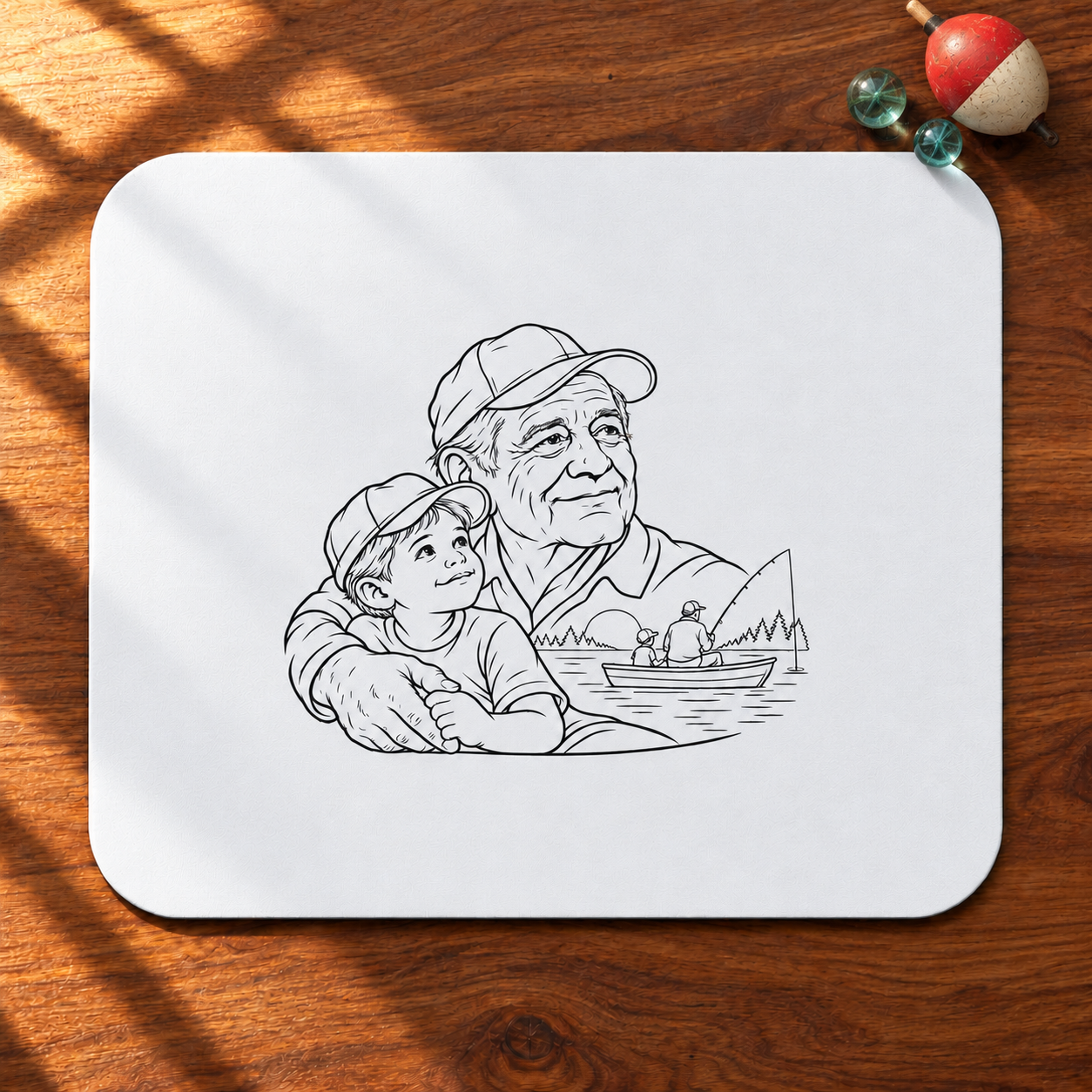 Grandfather/Boy mouse pad with black family line artwork on a white surface, shown on a sunlit wooden desk.