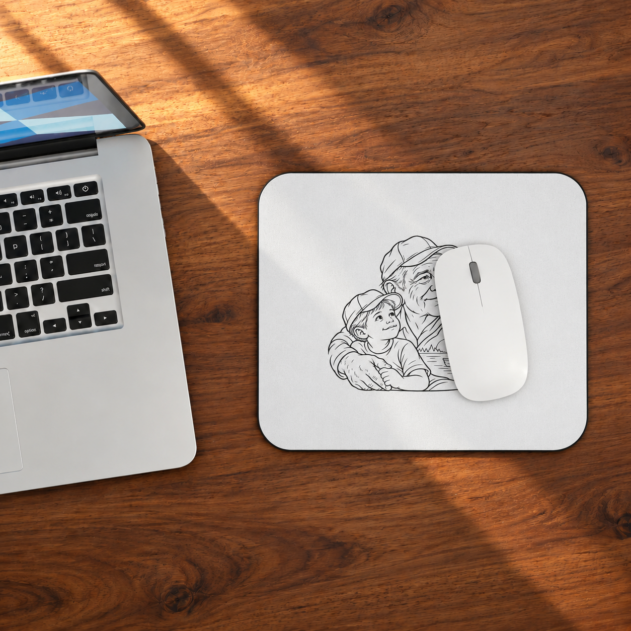 Grandfather/Boy mouse pad beside a laptop on a sunlit wooden desk, with a white mouse resting on the pad.